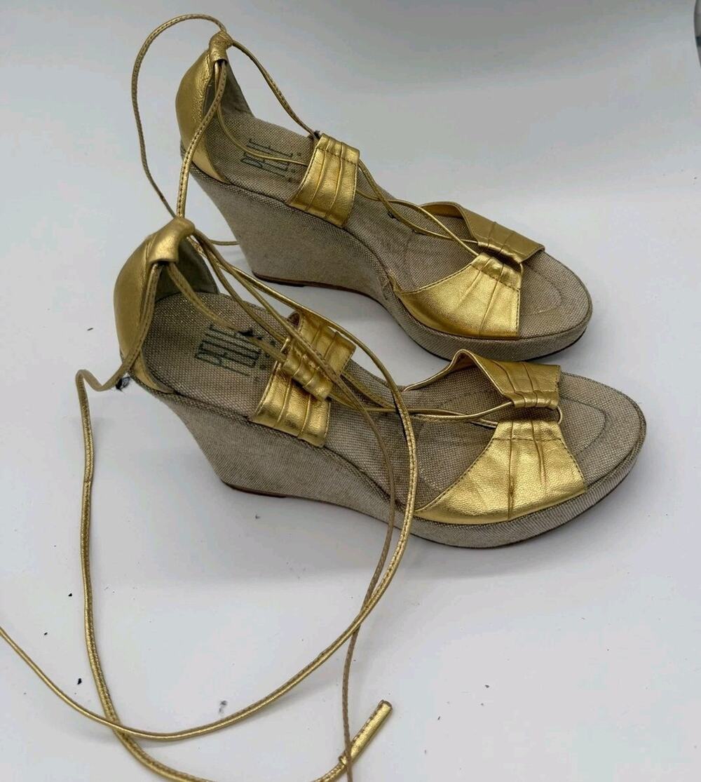 Pelle Moda Shoes Womens Size 7.5M Gold Leather Lace Up Wedge Sandals Strappy